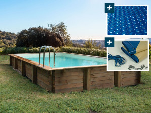Kit piscina rettangolare in legno "Oceano" - 9,20 x 5,20 x 1,44 m - copertura a bolle d'aria 400 µ - copertura invernale 280 g/m