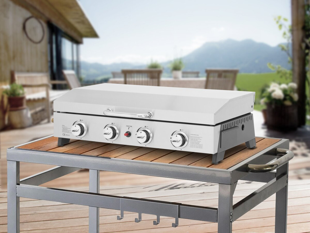 Piastra liscia a gas con 4 fornelli e coperchio "Fasto" - 10 kW - Grigio