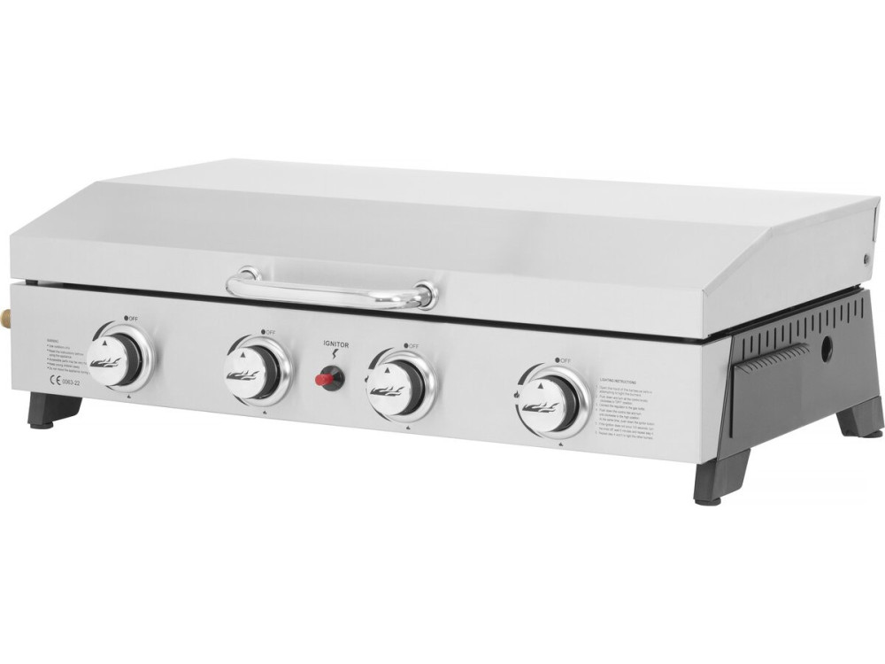 Piastra liscia a gas con 4 fornelli e coperchio "Fasto" - 10 kW - Grigio