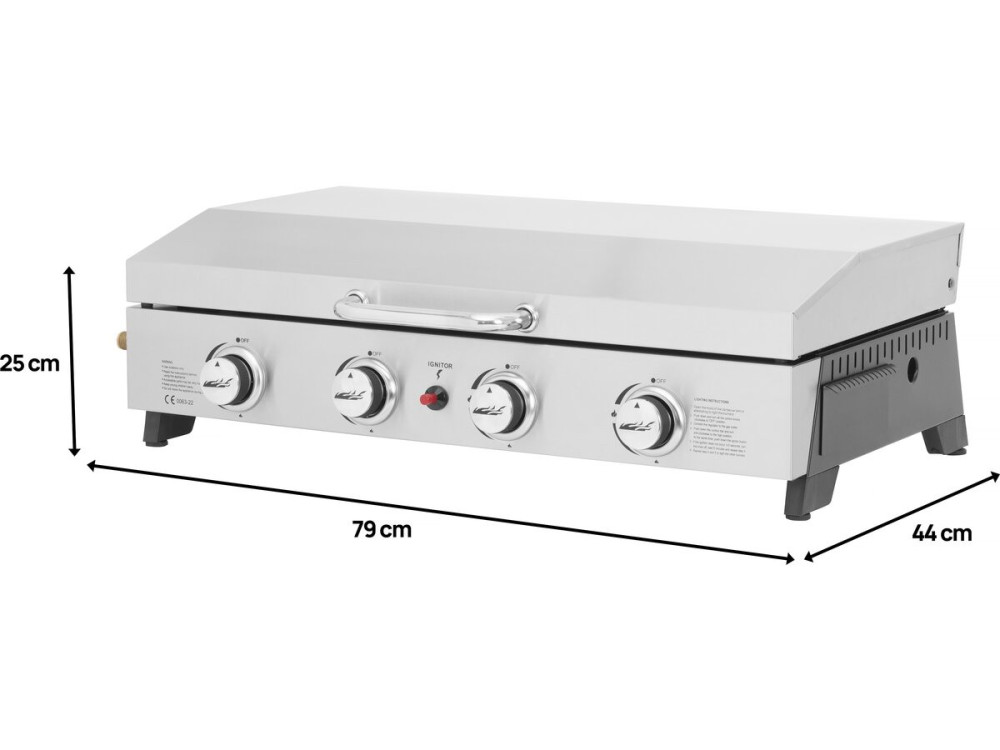 Piastra liscia a gas con 4 fornelli e coperchio "Fasto" - 10 kW - Grigio