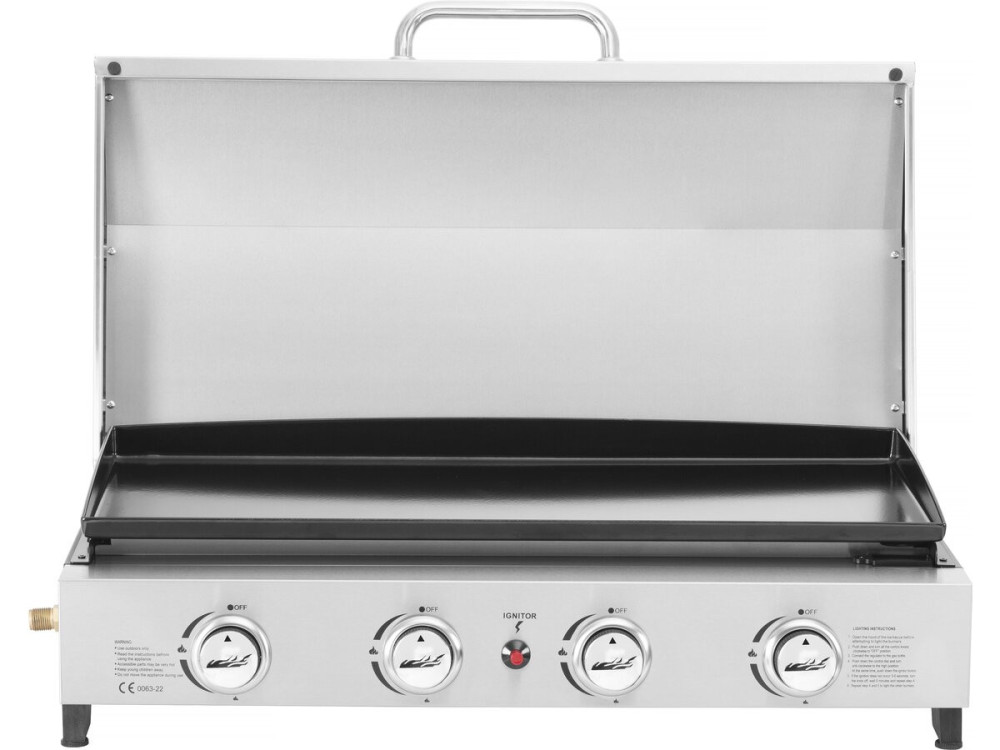 Piastra liscia a gas con 4 fornelli e coperchio "Fasto" - 10 kW - Grigio