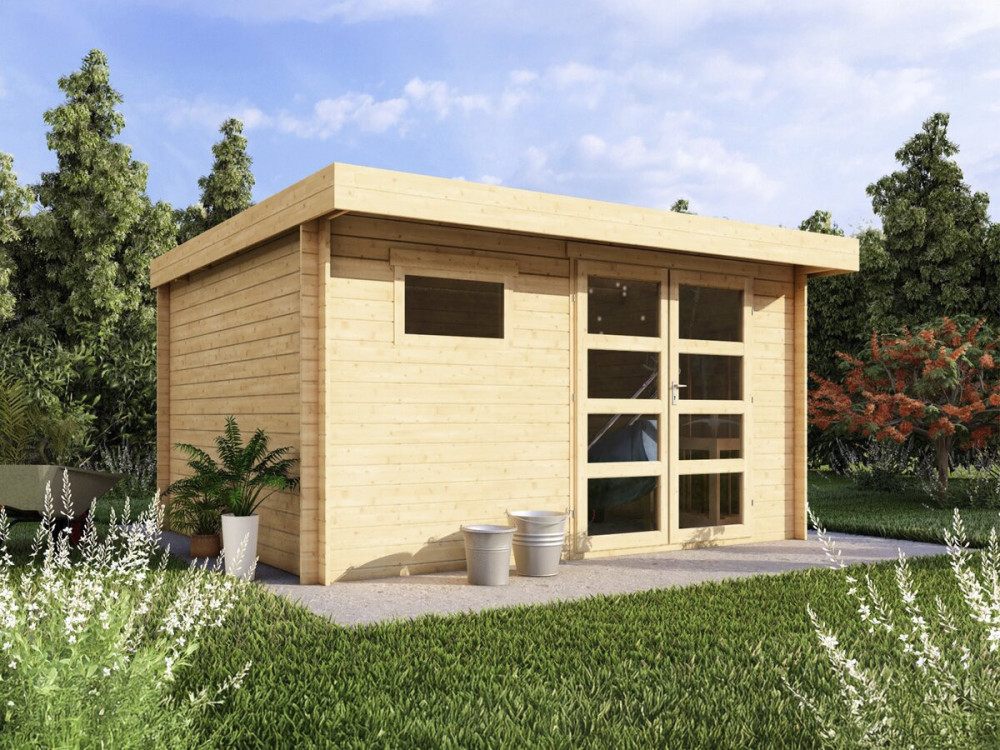 Casetta da giardino in legno "Oak" con tetto piatto - 13,1 m² - 28 mm - Beige