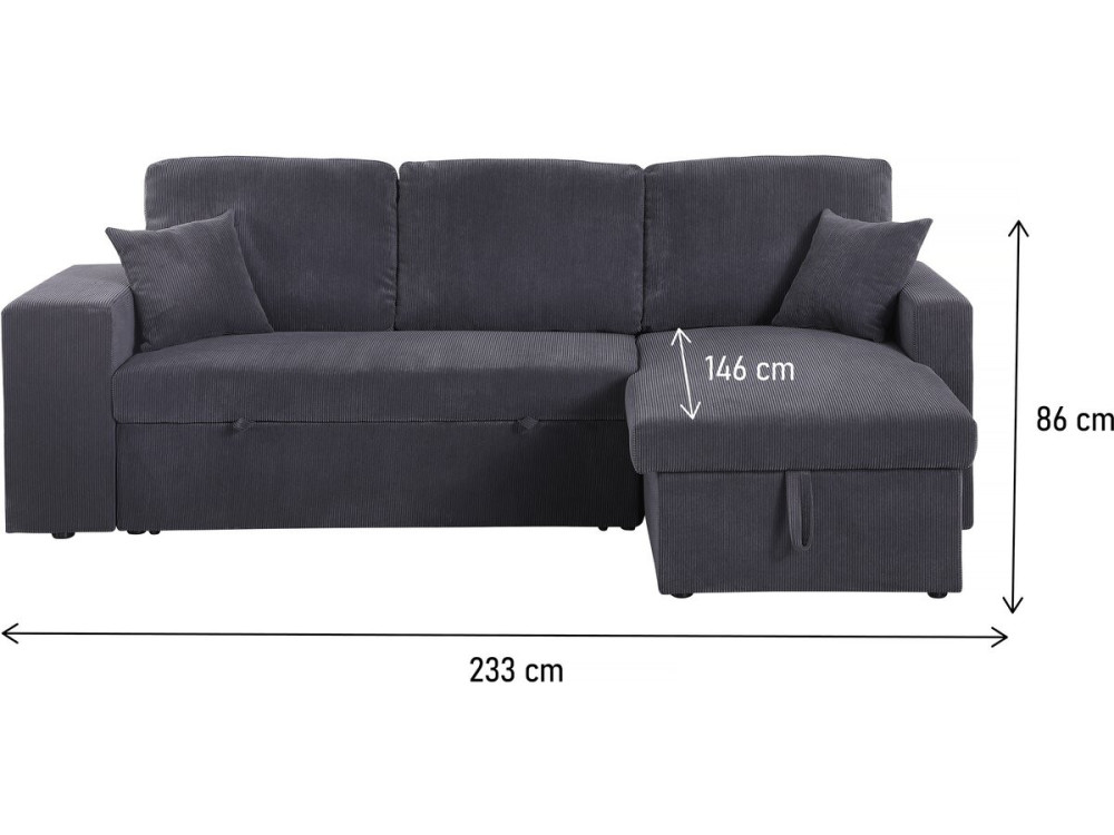 Divano letto angolare in velluto a coste reversibile "Axel" - 3 posti - Grigio
