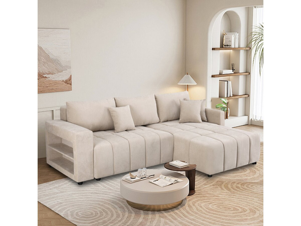 Divano angolare trasformabile in tessuto ciniglia a 3 posti - "Trocadero" - Beige