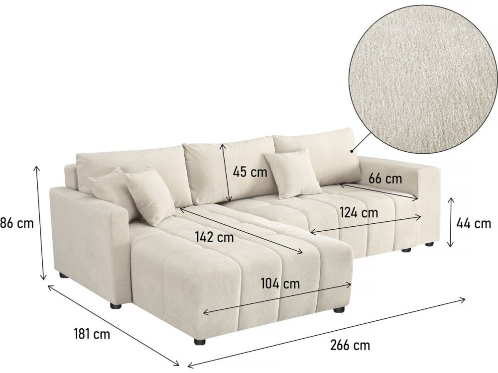 Divano angolare trasformabile in tessuto ciniglia a 3 posti - "Trocadero" - Beige