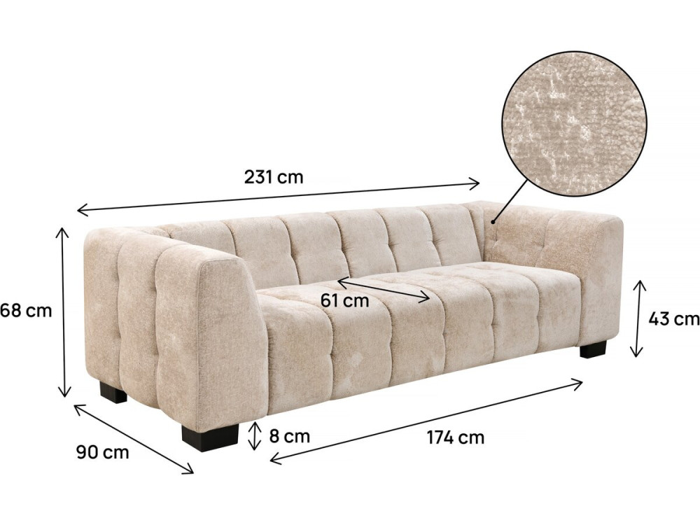 Divano dritto di design in tessuto ciniglia 3 posti "Foch" - Beige