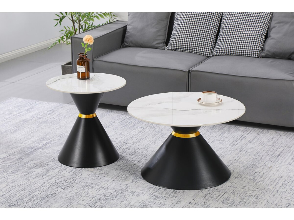 Set di 2 tavolini da caffè impilabili in ceramica "Moon" - 70 x 70 x 42 cm - Grigio/Bianco